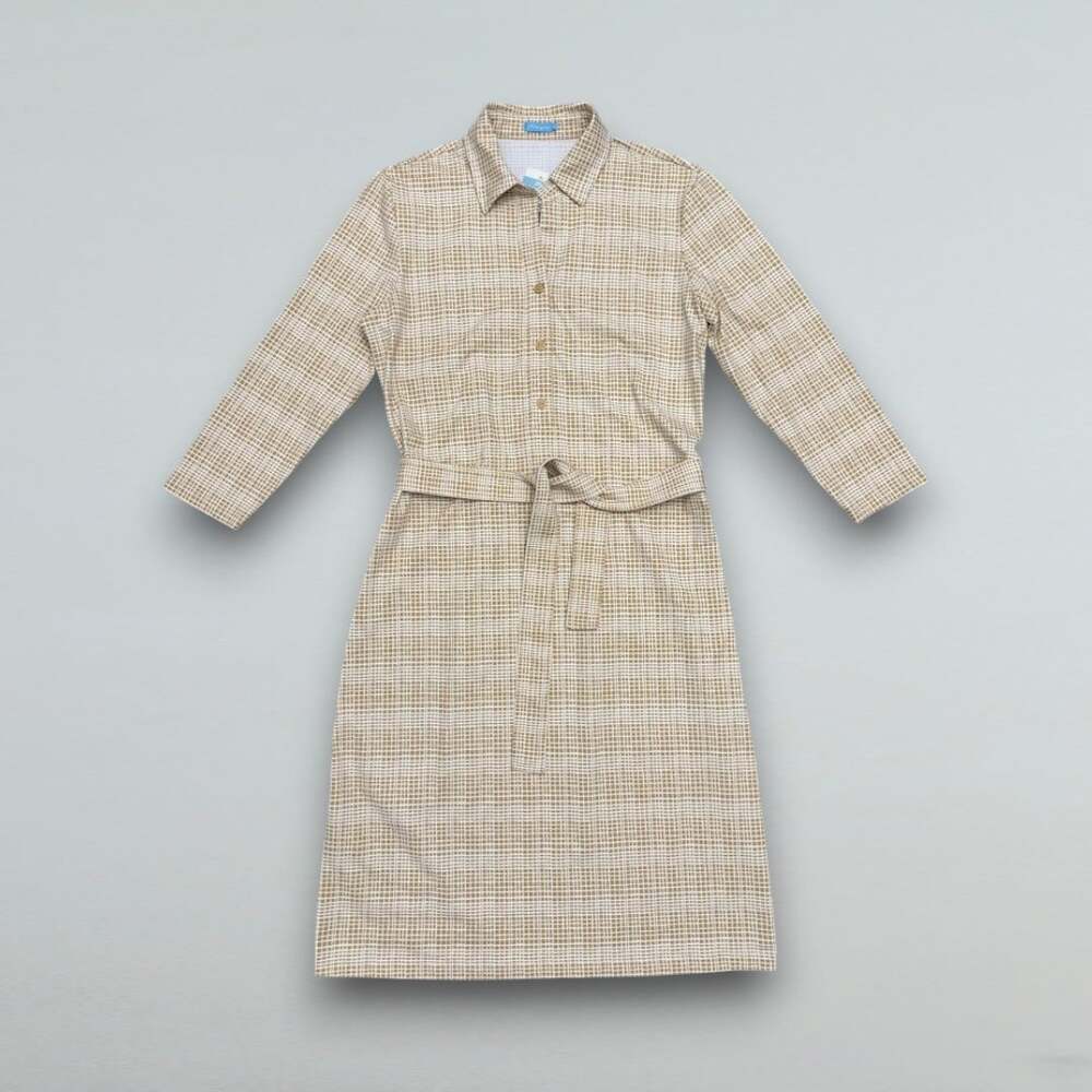 Tan Off White Geometric Belted Shirt Dress 3/4 Sleeve Womens XS